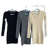 Korean Chic Autumn And Winter Vintage Little V-Collar Slim, Bottomed Knitted Dress, Sweater And Hip