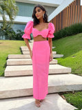 Women Two Piece Skirt Set Square Collar Princess Sleeve Top Slim Bright Line Decoration Dress Suit New Evening Party