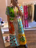 Printed Turndown Loose Dresses Witth Belt Women Casual Short Sleeve Single Breasted Midi Dress Summer Lady Vacation