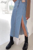 Denim Skirt Midi Women's High-waisted Spring A-line Pencil Female Jeans Vintage Skirt with Side Slit for Women