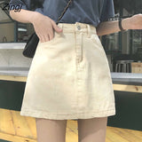 Women Solid A-line Denim Pockets Button Mini High Waist All-match Leisure Korean Chic Simple Womens Fashion Daily