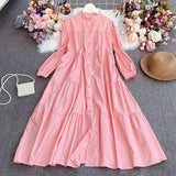 Zingj Temperament Aging Solid Color Simple Dress Autumn Dress Korean Version Fashion Bubble Long Sleeves Show Thin Button Long Skirt