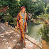 Ethnic Style V Neck Slit Maxi Dresses Women Patchwork Dot Printed Long Sleeve Loose Dress 2024 Chic Summer Street