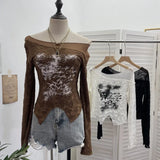 Breeze Butterfly Graffiti Mesh Patchy Texture Long-Sleeved T-Shirt Picties Short Repair Bodysuit