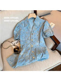 New Summer Women Polo Neck Blue Denim Single-breasted Dress Sweet Floral Print Design Short Sleeve Korean Fashion Mini