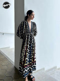 Flower Printed Wrap Waist Women Maxi Dress Chic Deep V Neck Puff Sleeves Buttons Vestidos 2024 Summer Lady Vacation