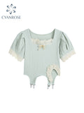 Crop Top Women Summer Casual Fashion Ladies Square Collar T Shirt Basic Sexy Streetwear Ribber Irregular Short Sleeve