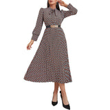 Spring Summer Women Clothing Boho Allover Geometric Print Long Sleeve Stand Collar Bust Tie (Without Belt) Long
