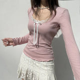 Aesthetic Lace Trim Bow Long Sleeve Tee-Outfit