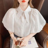 Summer New Women Shirts Diamonds Tirn Down Collar Puff Sleeve Blouse Women Tops See Through Single Breasted Blusas
