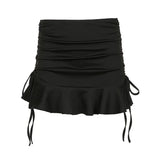 Spice Girls Sexy Rope Pleated Low-Waist Strapped Skirt Simple Solid Color Lotus Leaf Edge A Short