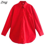 Women Fashion Candy Colors Pockets Patch Loose Poplin Blouses Ladies Long Sleeve Business Shirts Blusas Chic Tops
