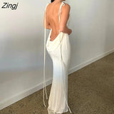Women Summer Bodycon Open Back Dress Fashion Solid Color Halter Neck Sleeveless Wrap Long Dress