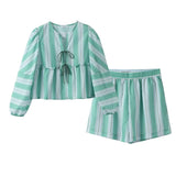 Striped Print Shorts Suit Women Lace Up Bow T-shirts High Waist Wide Leg Short Pant Sets 2024 Fashion Holiday Lady