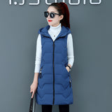 New Medium Long Down Cotton Vest Female Autumn Winter Korean Version Hooded Cotton Horse Clip Warm Vest Vest-Outfit
