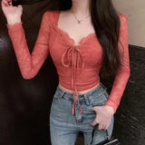 Sweet Girl Red Lace T-shirt for Women's Autumn and Winter Slim Fit Long-sleeved Square Collar Top Fashion Female