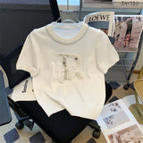Fashion Beading Bowknot Knitted Sweater Women's O Neck Short Sleeve Sweet Pullover Knitwear Summer Slim Thin Jumper