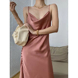 2022 Summer Vintage Women Satin Slip Dress with Slit Black Spaghetti Strap Silk Sexy Long Party