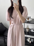 Zingj Chic Summer Retro Small Fresh Round Collar Tie Waist Show Thin Pleated Bubble Sleeve Dress Long Skirt