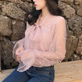 Bow Beading Pink Spring Gauze White Blouse 2020 Summer Women Chiffon Shirt Female Blouses Top Office Shirts Blusas 4323