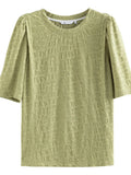 O-Neck Short Slevee Women T-Shirts Solid 2022 Summer New Art Women Tops Texture Sense French Bubble Half Sleeve