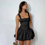 French Fashion Shrunken Pleated Fluffy Dress 2024 Summer New Suspender