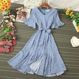 Women Blue/Green/Pink Polka Dot Dress 2023 Vintage High Waist A-line Ladies Vestidos Verano Casual V-neck Dresses