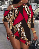 Zingj Hot Style Autumn Print Metal Buckle Diagonal Shoulder Neck Button Dress