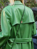Autumn Extra Long Green Leather Trench Coat for Women Long Sleeve Sashes Single Breasted Maxi Overcoat 2021