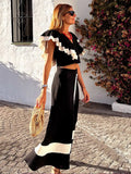 Contrast Patchwork Maxi Skirts 2 Piece Sets Women V Neck Ruffles Sleeve Cropped Top Suit 2024 Elegant Lady Vacation
