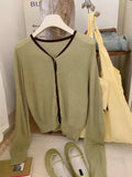 Gentle Little Gold Bean Buckle Hit Color V-Collar Knitted Cardigan Women's Spring Leisure Outfit Shows Thin Korean Style