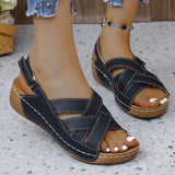 New Summer Women's Slope Heel Sandals Thick-Soled Buckle Sandals Round Head Solid Color Slope Heel