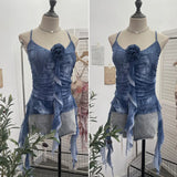 Lotus Leaf Side Flower V-Neck Sling Vest Dyed Mesh Cross-Sleeveless Top