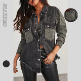 The Ins Hot Ladies Design Cotton Leopard Print Jeans Make Old Fur Lapel Collar Buckle Long Sleeve Shirt-Outfit