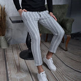 Casual Spring Summer Trouser Vintage Striped Printed Slim Pencil Pants Men Mid Waist Elastic Skinny Pants Men