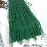 Pearl Pleated Tulle Skirt For Women Autumm Korean Irregular Beaded Wave Cut Elastic High Waist Mesh Pleated