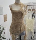 Shooting Lace Suspension Sheaf Vest Women's Summer Thin Irregular Lotus Leaf-Side Ribbon Slime Blouse