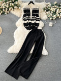 2024 New Stripe Sleeveless Knitted Vest Top + High Waist Wide Leg Pants Suits Two Piece Set For Women Casual