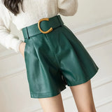 Women's PU Leather Shorts With Belt New Winter Stylish Pockets Ladies Elegant Solid Casual Shorts Trousers