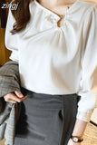 Women's Blouses Embroidered Flares Long Sleeve Shirt Women Solid Skew Collar Elegant Ladies Tops Basic OL Woman