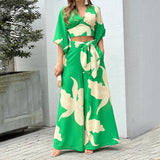 Women's V-Neck Lantern Sleeve Long Sleeve Short Top Broad Leg Trousers Fashion Suit Women's