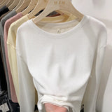 And Autumn 2023 New Waffle Long-Sleeved T-Shirt Women's Solid Color Design Feel Minority Loose Bottomed Shirt