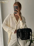 Causal Loose Home Suit Autumn Long Sleeve Blouse With High Wasit Pants Set Women Elegant Pleated Beige 2 Piece Pant