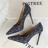 Zingj Women's Shoes High Heel Shallow Pointed Shining Sequins Sexy Thin Nightclub High