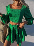 Puff Sleeve Top Lace-Up Shorts Suit Summer Elegant Solid Lace Split Suit Women Short Waist Top Loose Shorts