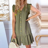 New Women Flying Sleeve Party Dress Fashion V Neck Single -breasted Layered Cake Dress Summer A-Line Loose Shirt