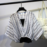 Two Piece Set Striped Chiffon Grid Summer Half Sleeve Loose V-Neck Floral Spring Cool Blouses Sweet Ladies Short Tops