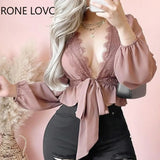 Women Chic Solid Long Sleeves Lace Deep V Neck Lace Up Basics Blouse Sexy
