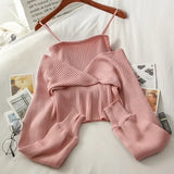 Fake Two Sweater Women Spring Autumn New V-Neck Full Sexy Knitted Sweaters Korean Short Chic Wild Fashion