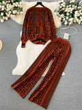 Knitted Two Pieces Suits Round Neck Labyrinth Print Loose Sweater+Wide Legs Long Pants Women Korean Style Casual